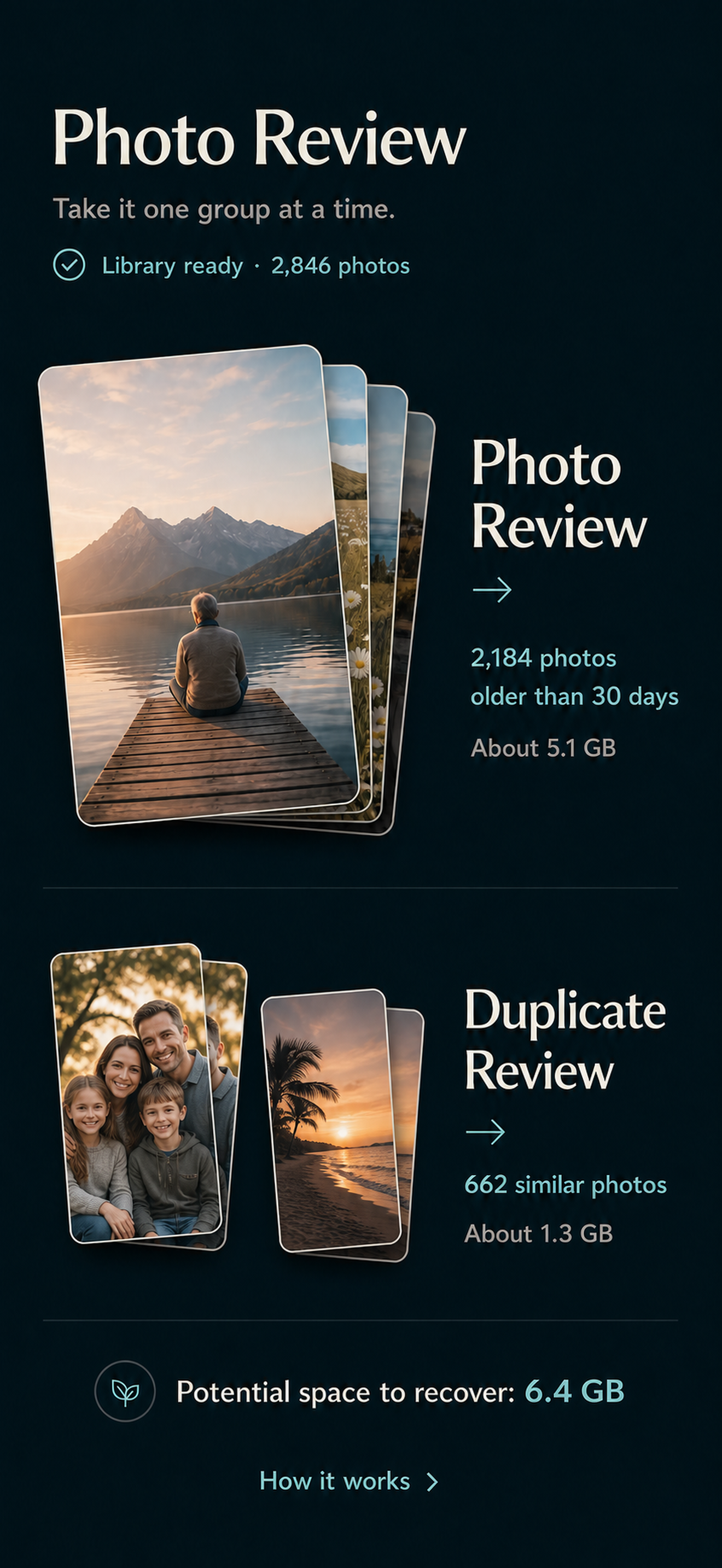 Photo Review showing a calm overview of a photo library